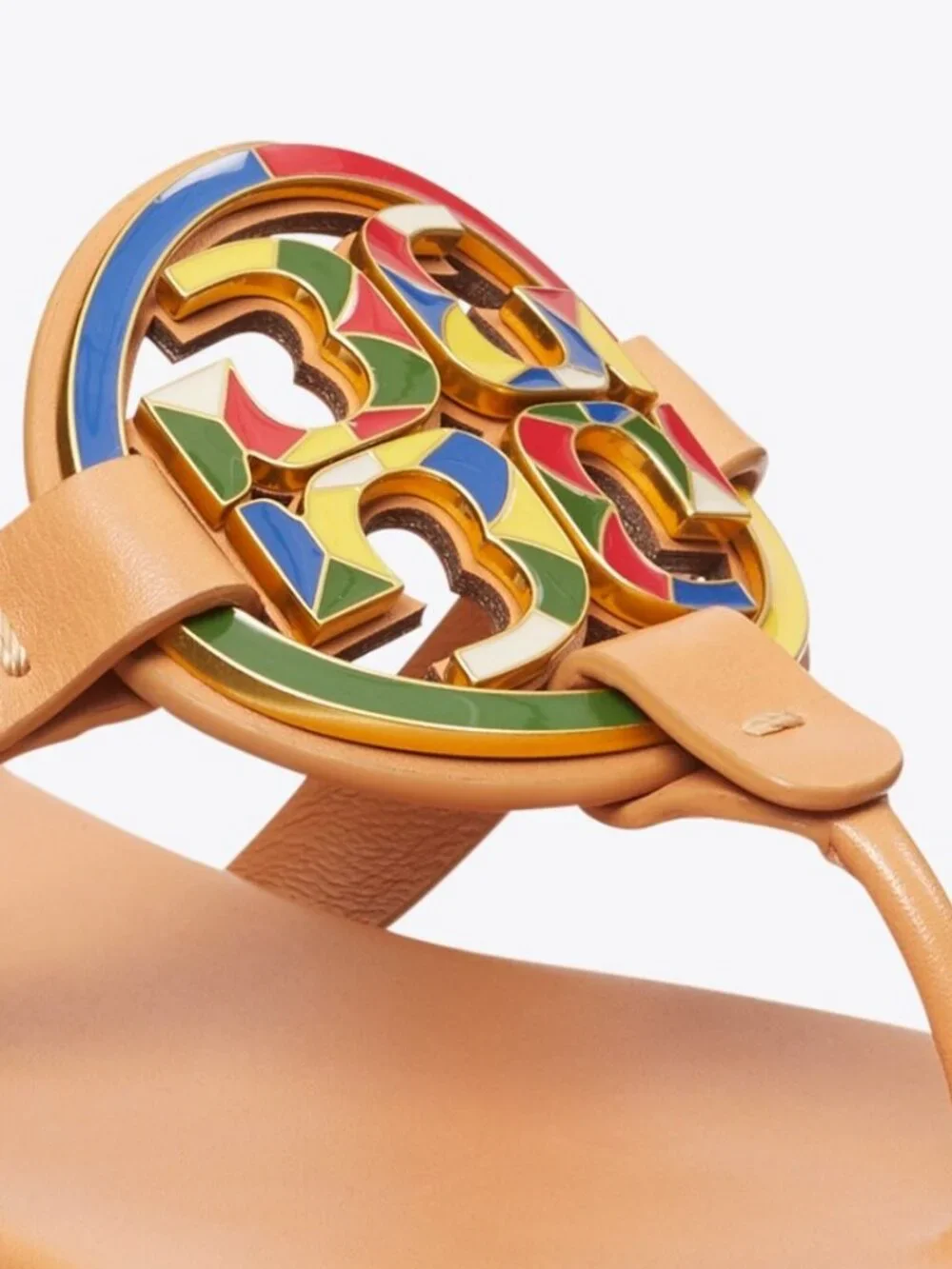Tory Burch $298 Enamel Miller Soft Sandal Multi Natural Vachetta Tan 7.5 9 Slide